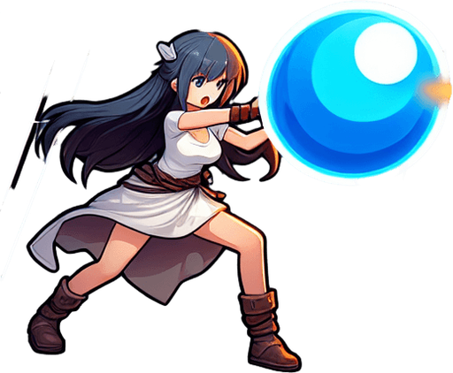 girl shooting on fire blunos with blue ball.
Single Game Texture. In-Game asset. 2d. Blank background. High contrast. No shadows.