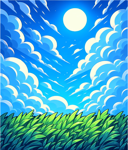 a sky and grass.
Single Game Texture. In-Game asset. 2d. Blank background. High contrast. No shadows.