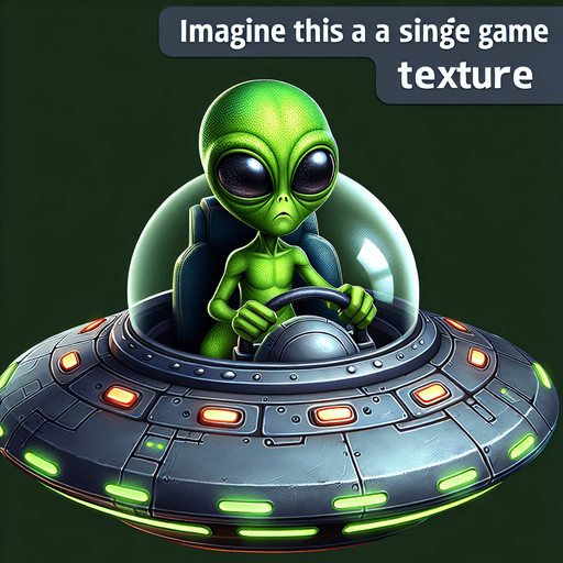 Ufo with green alien driving it.
Single Game Texture. In-Game asset. 2d. Blank background. High contrast. No shadows.