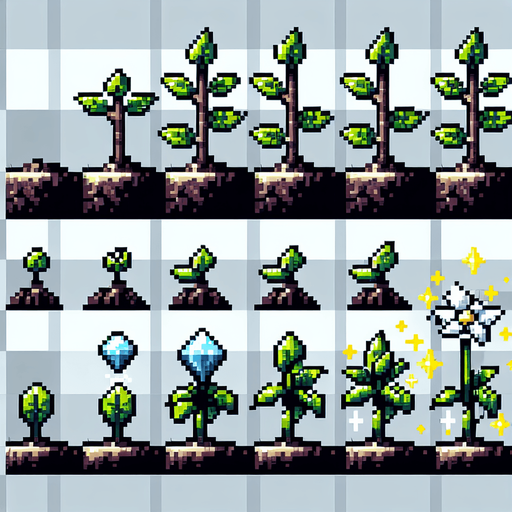 pixel art sprite sheet of a growing plant with a diamond flower.
Game asset. 2d. Blank background. High contrast. No shadows.