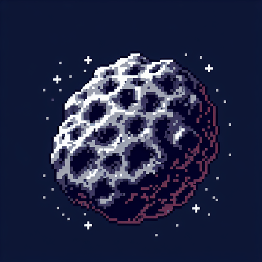 a pixelated asteroid.
Single Game Texture. In-Game asset. 2d. Blank background. High contrast. No shadows.