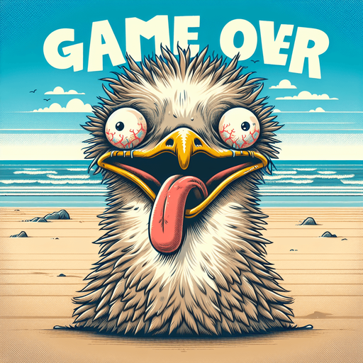 Create a close-up cartoon-style illustration of an dizzy seagull with his tongue sticking out on an empty sandy beach. The goal is to capture a lively and playful game over screen. Make sure 'game over' is written..
Single Game Texture. In-Game asset. 2d. Blank background. High contrast. No shadows.