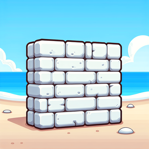 Create a cartoon-style illustration of a white wall of bricks on a beach.
Single Game Texture. In-Game asset. 2d. Blank background. High contrast. No shadows.