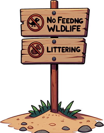 Create a cartoon-style illustration of a wooden no feeding and no littering sign on a sandy stake..
Single Game Texture. In-Game asset. 2d. Blank background. High contrast. No shadows.