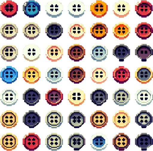 Create a sprite sheet featuring various sewing buttons. Each button should be distinct, with a cohesive color scheme. The style should be detailed pixel art, reminiscent of classic 8-bit era video game. Arrange the components on a dark background, with each part neatly aligned in rows and columns for easy identification and use in game development..
Single Game Texture. In-Game asset. 2d. Blank background. High contrast. No shadows.