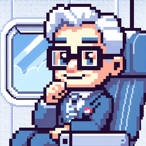 a 2d funny character in 8-bit and cartoon of joe biden on an airplane..