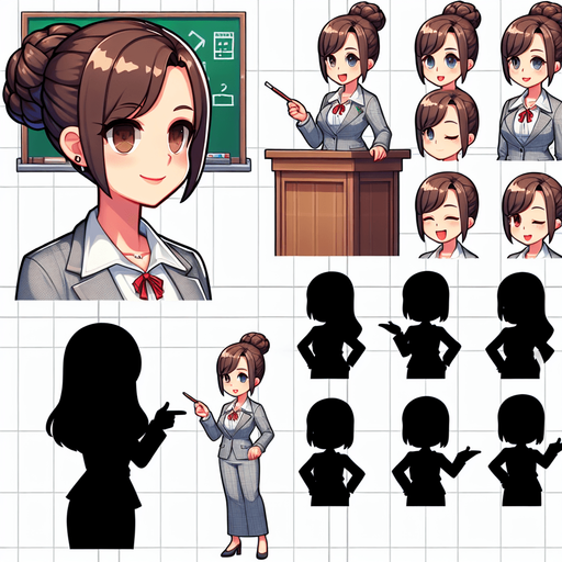 A spritesheet containing several poses of a young female teacher in front of her classroom..
Single Game Texture. In-Game asset. 2d. Blank background. High contrast. No shadows.