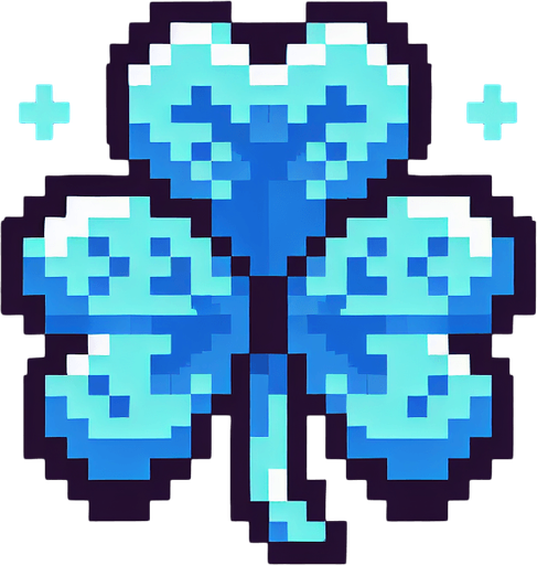 pixel art of a 4 leaf sky blue clover..
Single Game Texture. In-Game asset. 2d. Blank background. High contrast. No shadows.