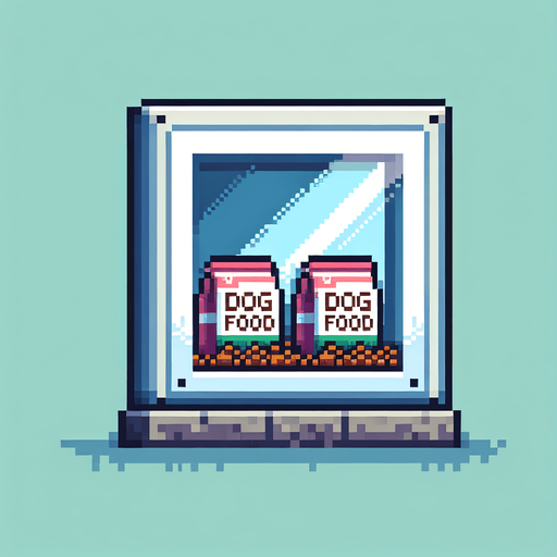 pixel art window with dog food bags displayed within it.
Single Game Texture. In-Game asset. 2d. Blank background.