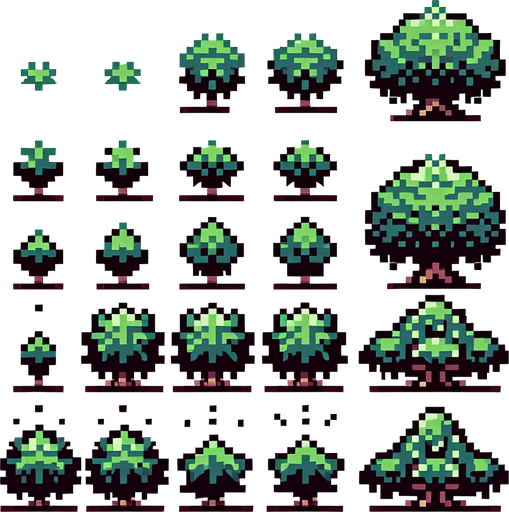 pixel art sprite sheet of a growing bush.
In-Game asset. 2d. Blank background. High contrast. No shadows.