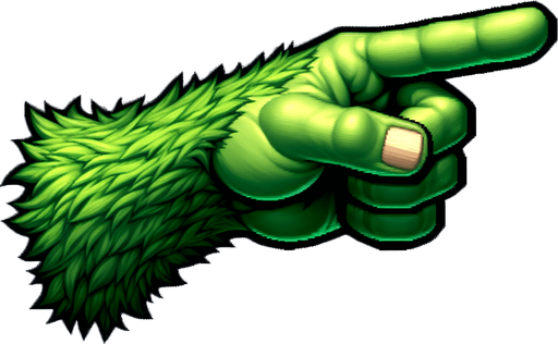 an green hairy grinch's arm, pointing in the horizontal direction, the index finger pointing to the left Single Game Texture. No background. High contrast. No shadows.