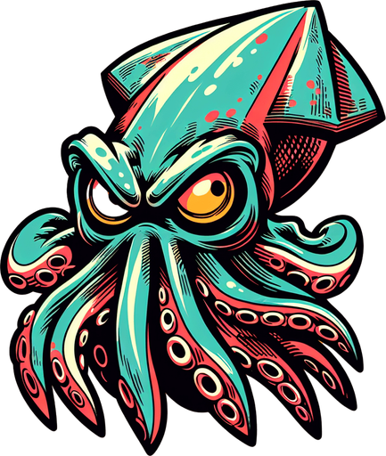 Create a cartoon-style illustration of a giant squid menacingly staring...
Single Game Texture. In-Game asset. 2d. Blank background. High contrast. No shadows.