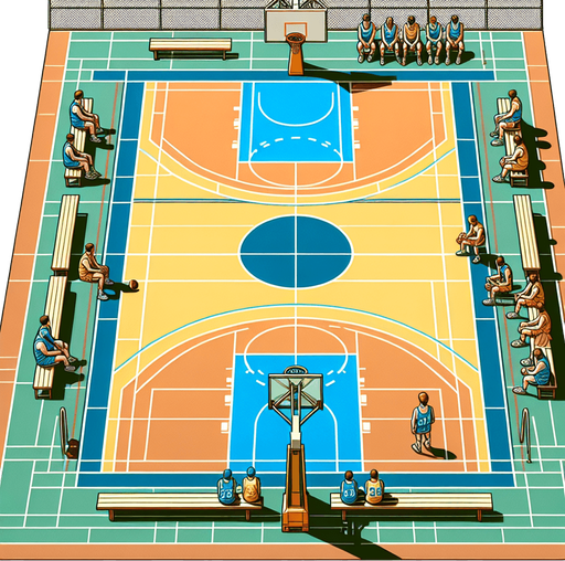 Basketball court facing to the benches. No players are present. Colors are show..
Single Game Texture. In-Game asset. 2d. Blank background. High contrast. No shadows.