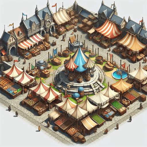 a marketplace in a  fantasy rts style.
Single Game Texture. In-Game asset. 2d. Blank background. High contrast. No shadows.