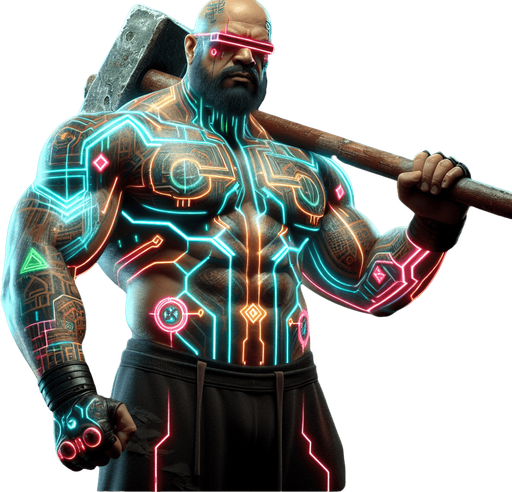 a cyberpunk bodybuilder with a sledgehammer.
Single Game Texture. In-Game asset. 2d. Blank background. High contrast. No shadows.