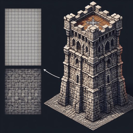 a medieval style stone tower. top down view. Single Game Texture. In-Game asset. 2d. Blank background. High contrast. No shadows.