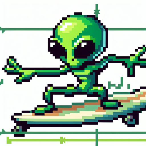 pixelart. a cool green alien in side perspective, surfing on a surfboard, arms out wide for balance. the alien should have a determined grin on his face, but not be scary looking. the alien should be green but could have multiple eyes, tentacles, or other unexpected features..
Single Game Texture. In-Game asset. 2d. Blank background. High contrast. No shadows.