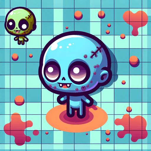 cute zombie character.
Single Game Texture. In-Game asset. 2d. Blank background. High contrast. No shadows. top down view. view from above. bird view