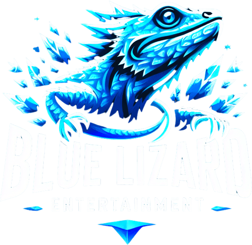 logo for a company called "blue lizard entertainment" using a damaged font and frozen elements.