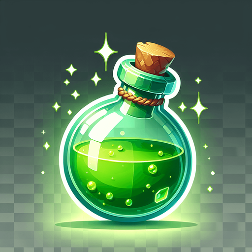 potion magique verte.
Single Game Texture. In-Game asset. 2d. Blank background. High contrast. No shadows.