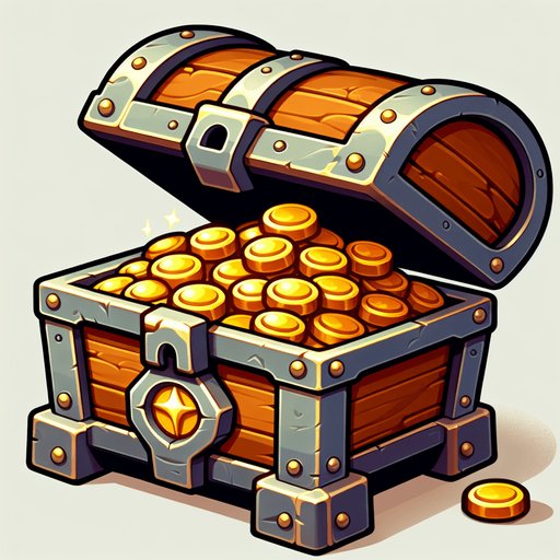 A treasure chest. Medieval style. cartoony. Open and full of gold coins. Single Game Texture. In-Game asset. 2d. Blank background. High contrast. No shadows.