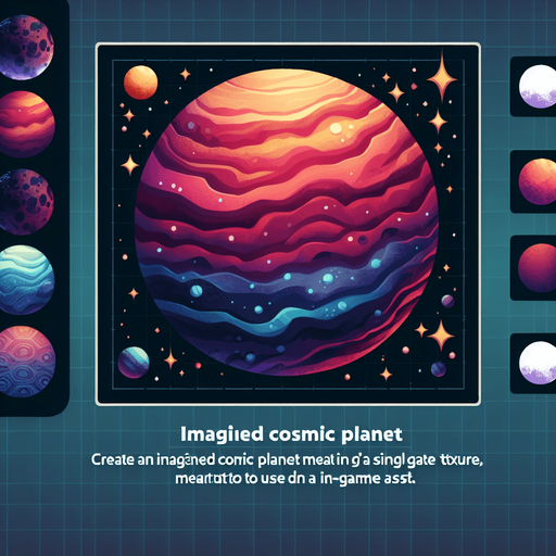 Imagined cosmic planet.
Single Game Texture. In-Game asset. 2d. Blank background. High contrast. No shadows.