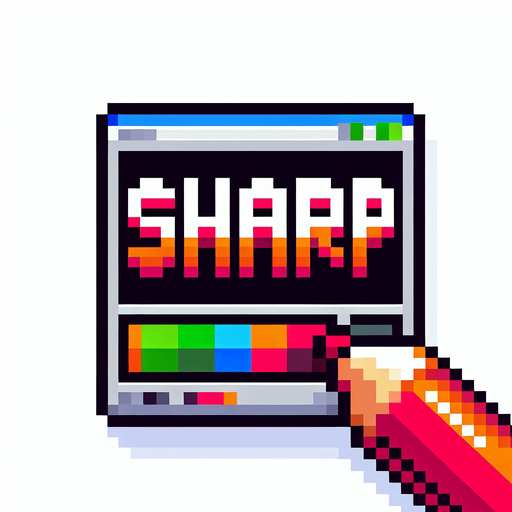 colored text saying (SHARP).
 Single Game Texture. In-Game asset. 2d. Blank background. High contrast. No shadows. pixelated. 8 bit. retro