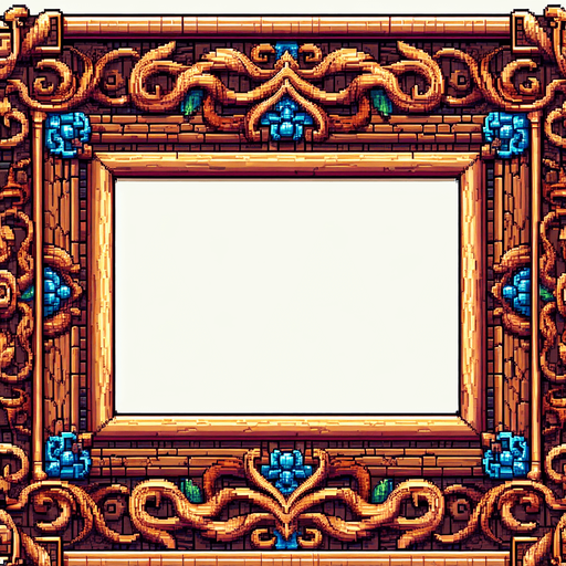 Wooden engrained frame. I want the art style to reflect a classic 16-bit retro pixel art aesthetic, reminiscent of early 1990s RPGs with vibrant colors. The environment should have a rich, fantasy-themed design with intricate backgrounds and a nostalgic, old-school feel..
Single Game Texture. In-Game asset. 2d. Blank background. High contrast. No shadows.