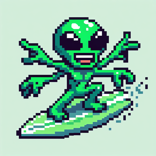 pixelart. a cool green alien in side perspective, surfing on a surfboard, arms out wide for balance. the alien should have a determined grin on his face, but not be scary looking. the alien should be green but could have multiple eyes, tentacles, or other unexpected features..
Single Game Texture. In-Game asset. 2d. Blank background. High contrast. No shadows.