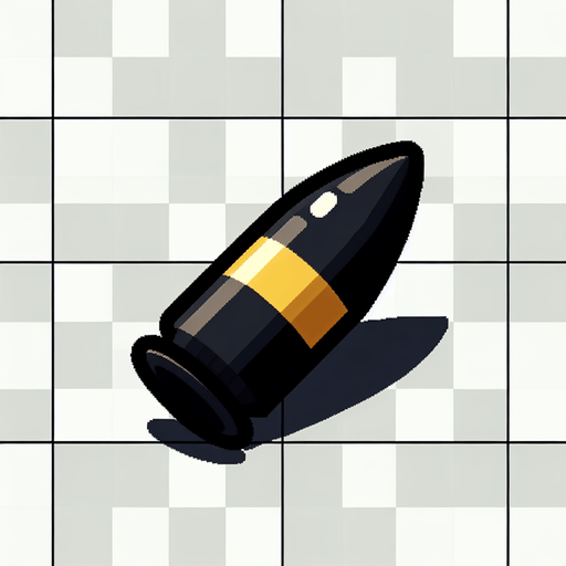 make a single black bullet with yellow lines..
Single Game Texture. In-Game asset. 2d. Blank background. medium contrast. No shadows. cartoony. birdside view. full body. not facing the camera