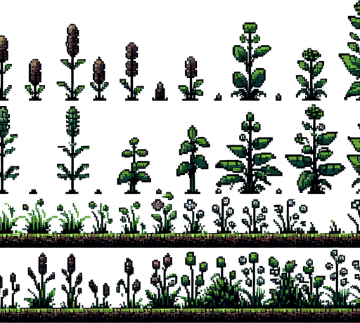 pixel art of a garden weed. Growth sprite sheet.
In-Game asset. 2d. Blank background. High contrast. No shadows.