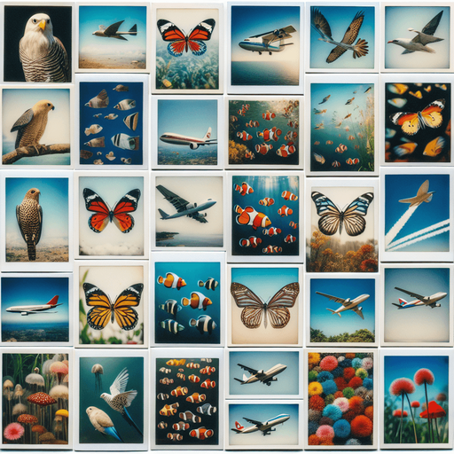 a multitude of polaroids in bulk, with photos of birds, fishes, butterflies, planes....