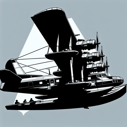 Create a cartoon-style illustration of a dark silhouette of a seaplane, side profile.
Single Game Texture. In-Game asset. 2d. Blank background. High contrast. No shadows.