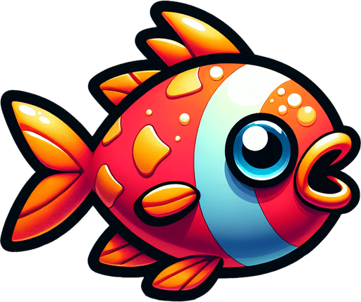 create a cartoon-style illustration of a fish ashore, front view.
Single Game Texture. In-Game asset. 2d. Blank background. High contrast. No shadows.