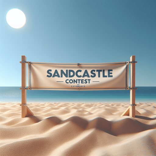 front view of a elongated horizontal banner on beach sand with text : "Sandcastle Contest"..
photorealistic