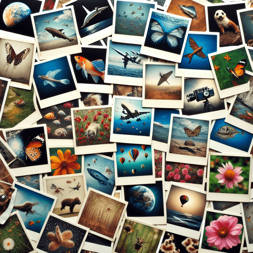 a multitude of polaroids in bulk, with photos of birds, fishes, butterflies, planes, hot air baloons, satelites, dragonflies.....