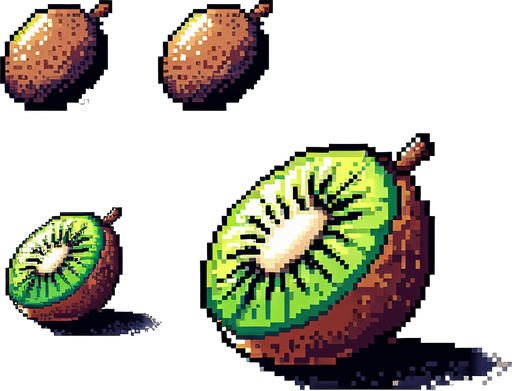 Pixel art of a kiwi fruit.
Single Game Texture. In-Game asset. 2d. Blank background. High contrast. No shadows.