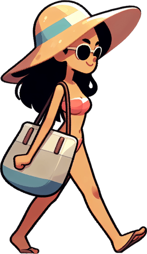 Create a cartoon-style illustration of a beach gooer walking on the beach, side profile.
Single Game Texture. In-Game asset. 2d. Blank background. High contrast. No shadows.