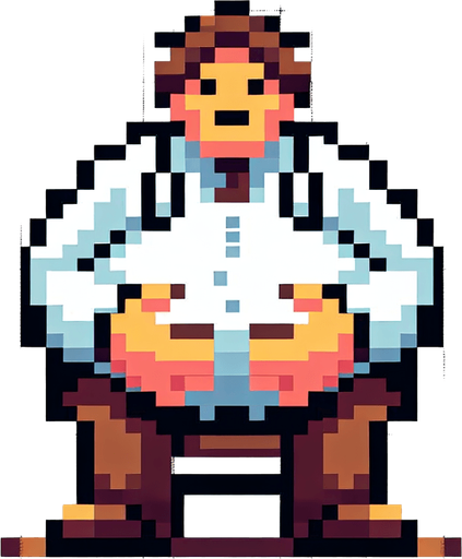 8-bit pixelated image of a video game character sitting with hands on a large belly, wearing a white shirt and brown pants. The setting is a simple bathroom, with the character as the main focus.
Single Game Texture. In-Game asset. 2d. Blank background. High contrast. No shadows.