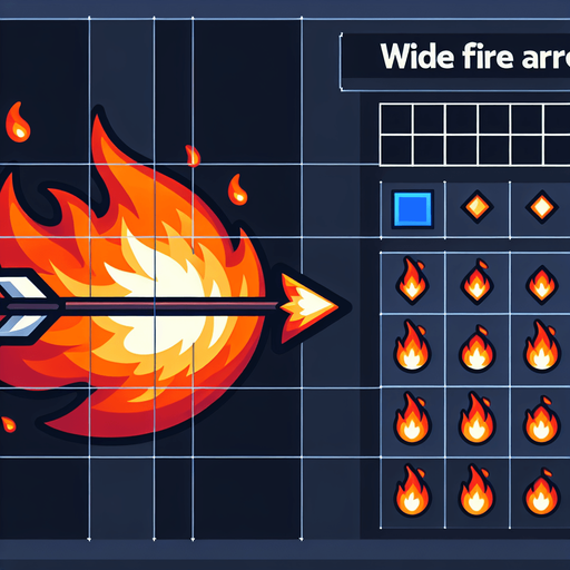 Wide Fire arrow sprite sheet.
Single Game Texture. In-Game asset. 2d. Blank background. High contrast. No shadows.