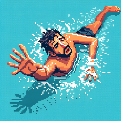 swimmer struggling to stay afloat, as if he's drowning. bird-eye view perspective. 8-bit pixelated.
Single Game Texture. In-Game asset. 2d. Blank background. High contrast. No shadows.