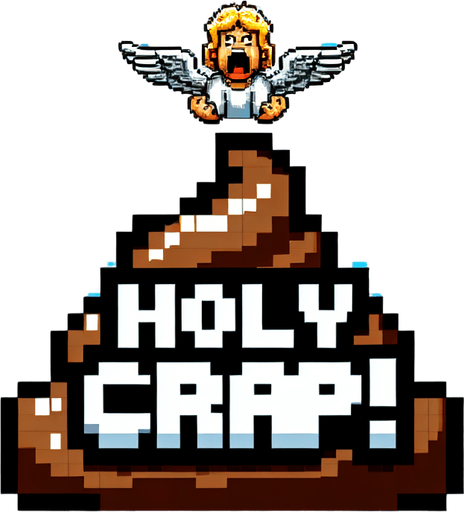 text saying "Holy Crap!" against a divine angelic poop banner. pixelated. 8-bit.
Single Game Texture. In-Game asset. 2d. Blank background. High contrast. No shadows.