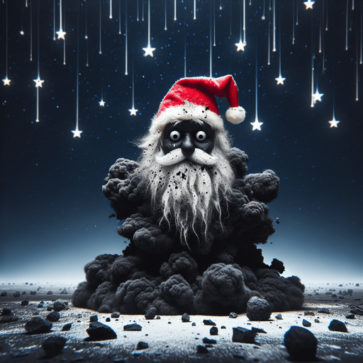 A funny Santa Claus  disheveled and covered by black soot after an explosion. stary night. High contrast.