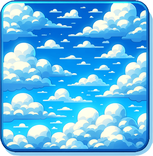 A clear blue sky with fluffy white clouds drifting lazily across..
Single Game Texture. In-Game asset. 2d. Blank background. High contrast. No shadows.