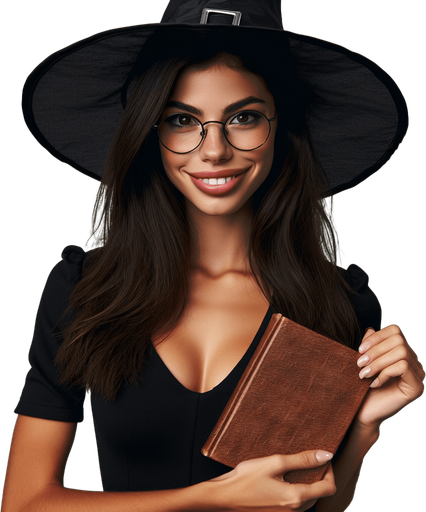 Yound generously beautifull teacher witch smiling, with glasses, a black witch hat, holding a little brown book in her hands and looking at the camera. wearing light black clothes. Torso head and hat should appear.