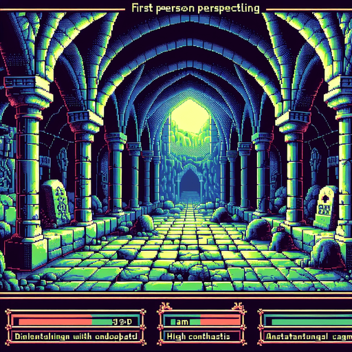 evil enchanted dark catacombs background, 1st person perspective, I want the art style to reflect a classic 16-bit retro pixel art aesthetic, reminiscent of early 1990s RPGs with vibrant colors.
Single Game Texture. In-Game asset. 2d. Blank background. High contrast. No shadows.