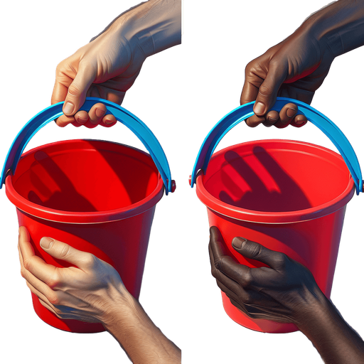 red beach bucket with a blue handle hold by two hands from its bottom..
photorealistic