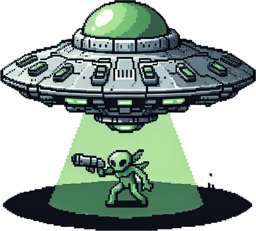 Ufo with green alien driving it.
Single Game Texture. In-Game asset. 2d. Blank background. High contrast. No shadows.