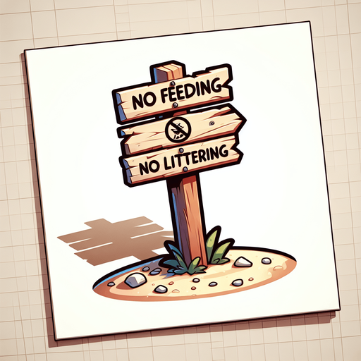 Create a cartoon-style illustration of a wooden no feeding and no littering sign on a sandy stake..
Single Game Texture. In-Game asset. 2d. Blank background. High contrast. No shadows.