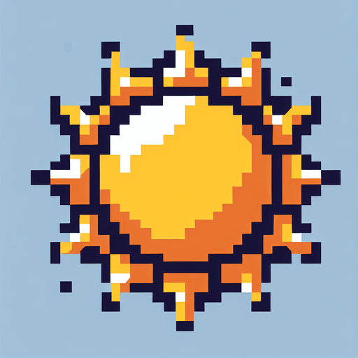 pixel art sun.
Single Game Texture. In-Game asset. 2d. Blank background. High contrast. No shadows.